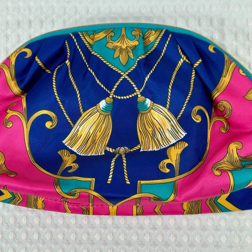 Estee Lauder Cosmetic Makeup Blue Pink Gold Tassel Zipper‎ Pouch Recycled Fabric